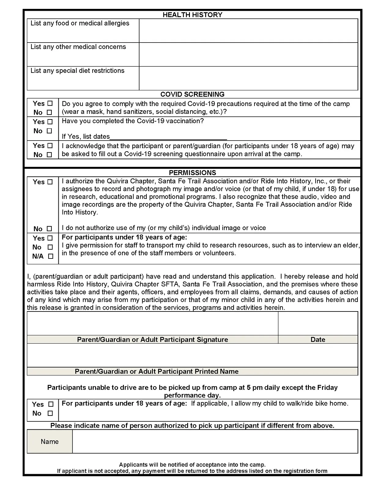 Ride into History Camp Registration Form